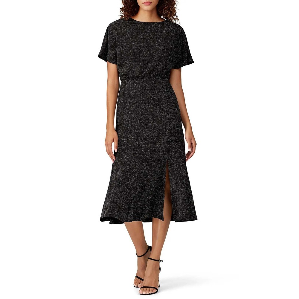 Donna Morgan Silver Metallic Knit Dress Flutter Sleeve V Neck Evening Formal‎
